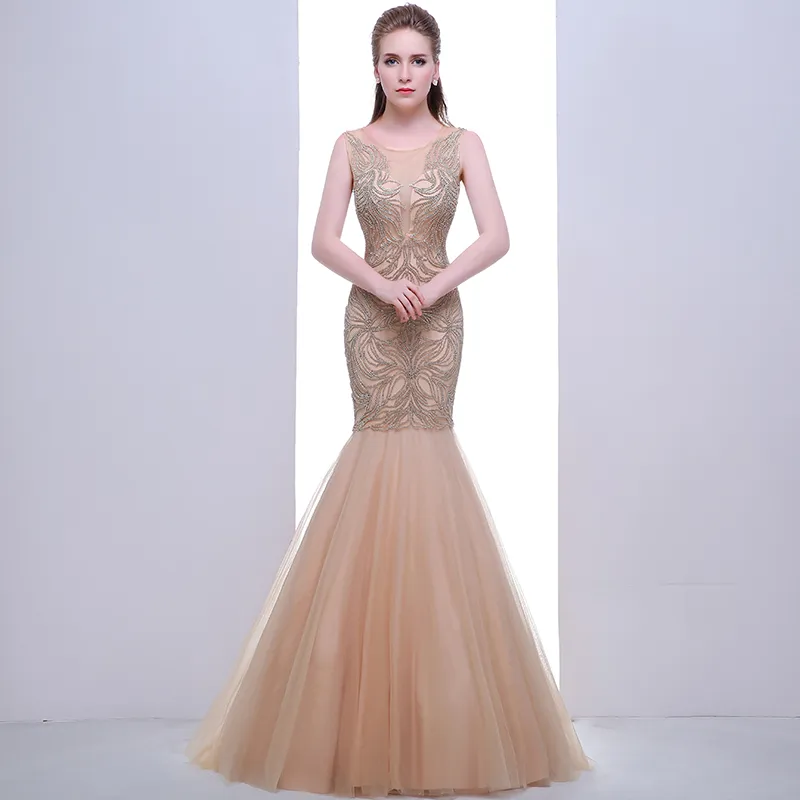 New High-End Round Neck Sexy Fishtail Bag Hip Net Formal Evening Dresses Champagne Heavy Handmade Backless Long Spring And Prom Dresses sexy photo images