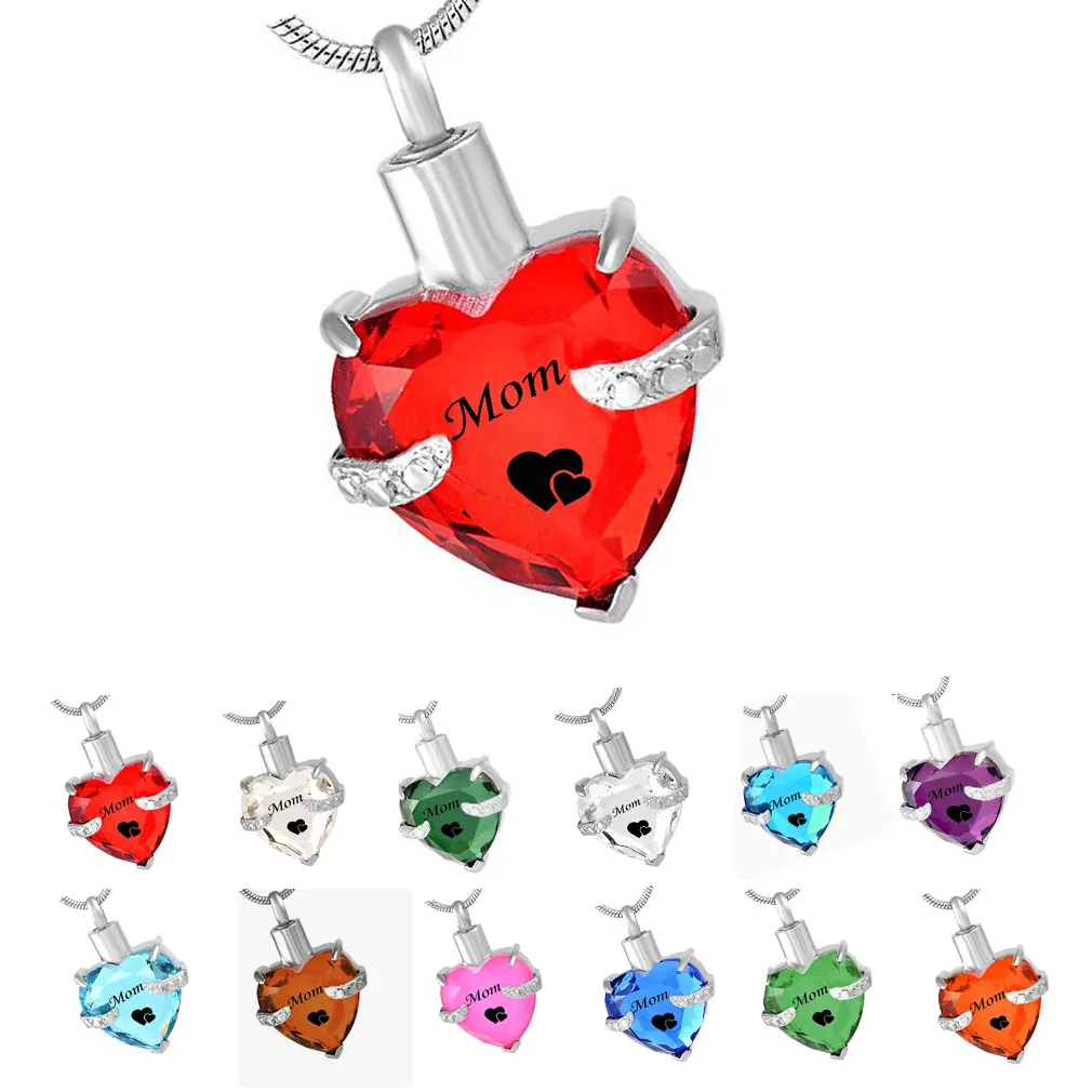 MOM Glass Cremation Jewelry Heart Birthstone Pendant Urn Necklace Ashes Holder Keepsake