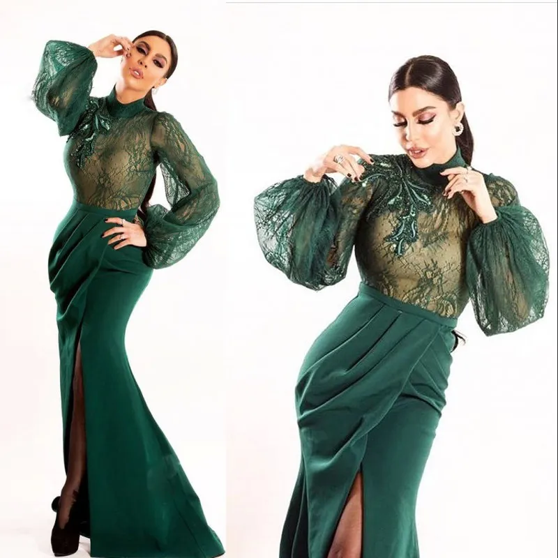 Fashion Mermaid Dubai Prom Dress High Neck Applique Lace Long Sleeves Split Evening Gown Glamorous Saudi Arabia Celebrity Party Dresses Sexy