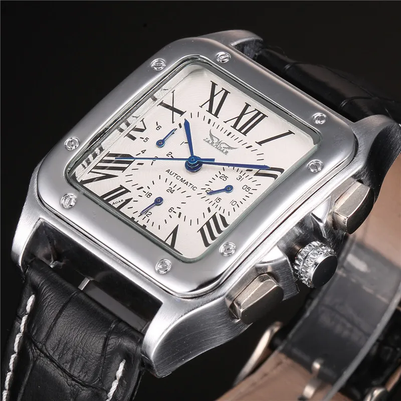 JARAGAR Brand Male Relogio Square Case Roman Numeral Dial Auto Date Day Calendar Leather Belt Automatic Mechanical Men's Watch