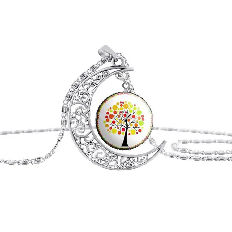 Collier pendentif arbre de vie, couleur argent, lune, classique, Cabochon en verre, collier arbre de vie, à la mode