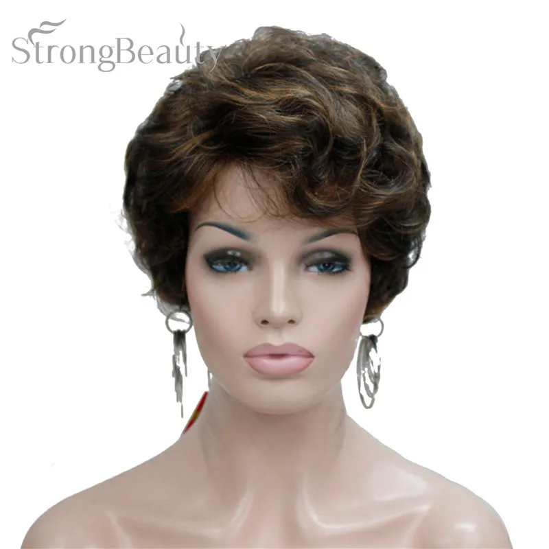 Strong Beauty Short Black Brown Mix Blonde Highlights Wigs Women Synthetic Curly Wigs