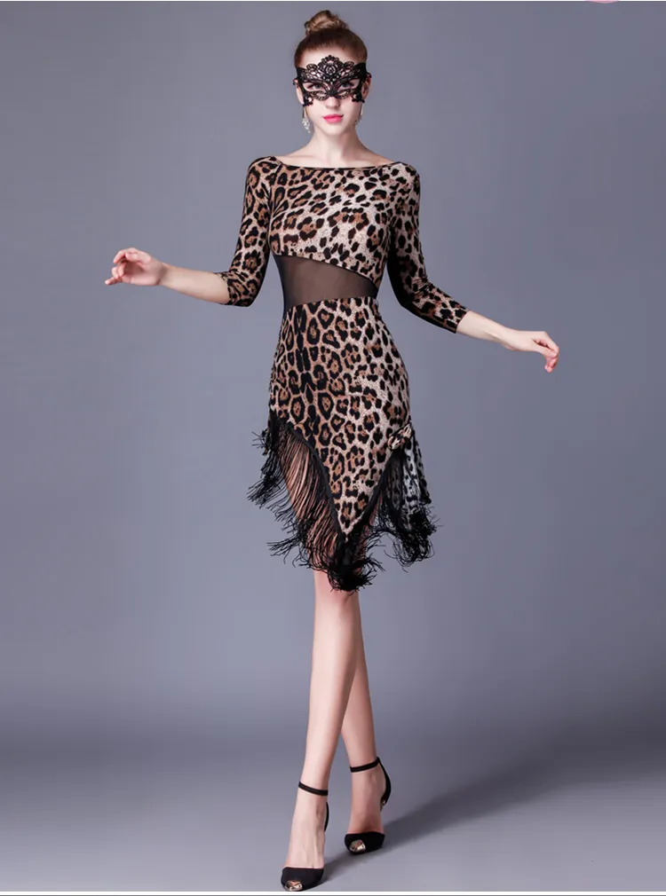 Frauen Leopard Ballsaal Tanzkleid Rumba tanzen Walzer Tango Spanisch Flamenco Standard Mädchen Latein Quasten moderne Kostüme Rock