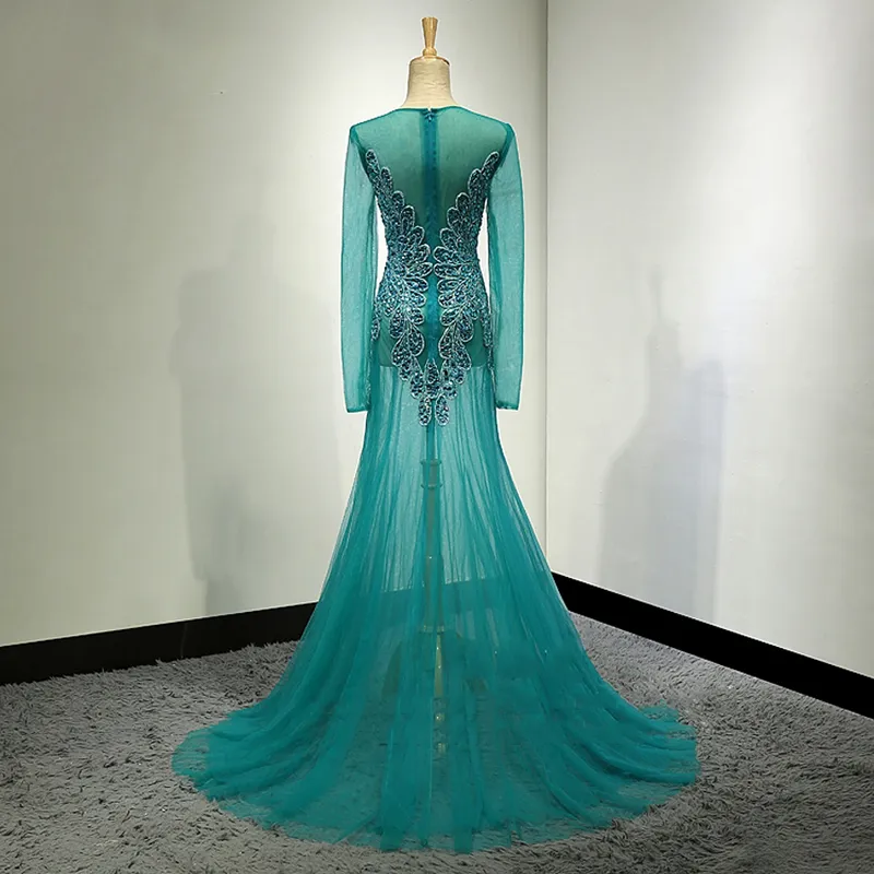 2018 se genom kvinnans prom klänning pärlstur Turkos Teal Specialdesign Skräddarsydda Party Maxi Klänningar Sexiga Klänningar Golvlängd