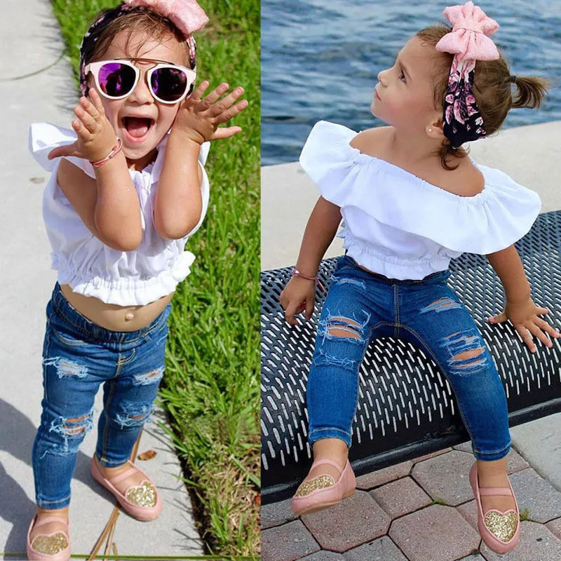 Enfant en Bas âge Enfants bébé Filles Fleur Dentelle Tulle Manches t-Shirt  Hauts Culture Denim Jean Pantalons Longs 2 pièces Tenues Ensemble de  vêtements Ensemble Fille 2 Ans : : Mode