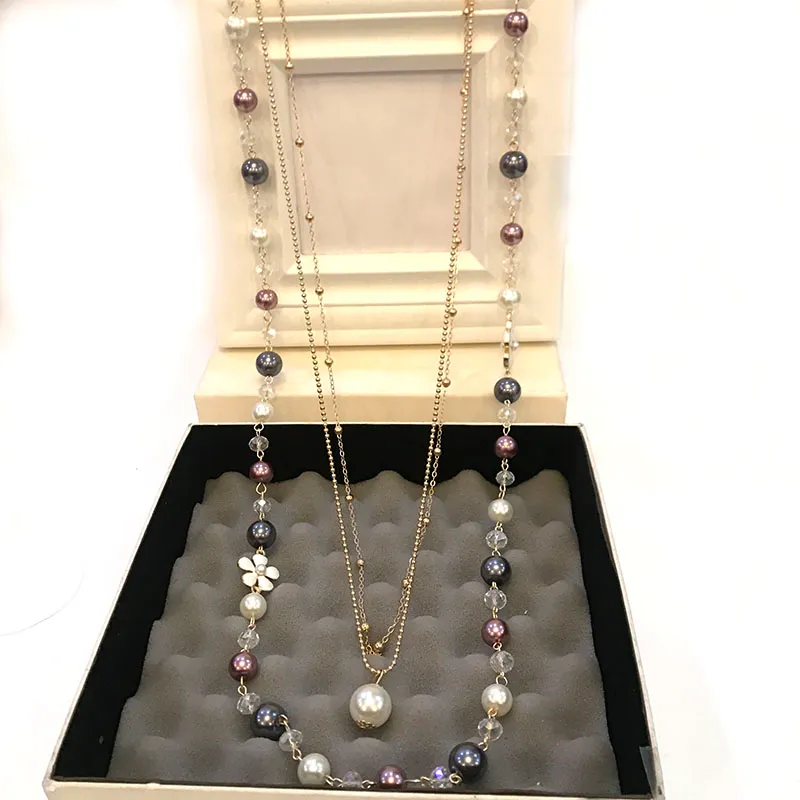 Collier de perles mode classique élégant cristal multicouche pull long collier/femmes accessoires en gros collier femme/sans col/colar