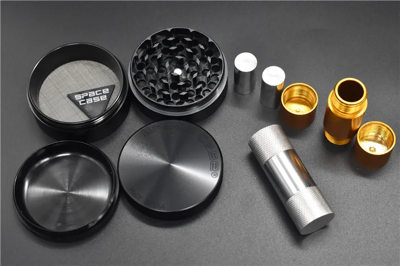 Black Silver Space Case Grinder Herb Grinder Aluminium Alloy Metal Grinders 4 Layer 63cm Diameter with pollen press presser9711973