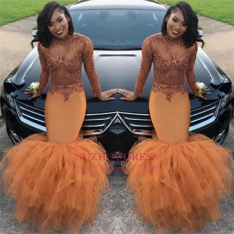 2k18 African Long Sleeve Prom Dresses Tiered Skirts High Neck See