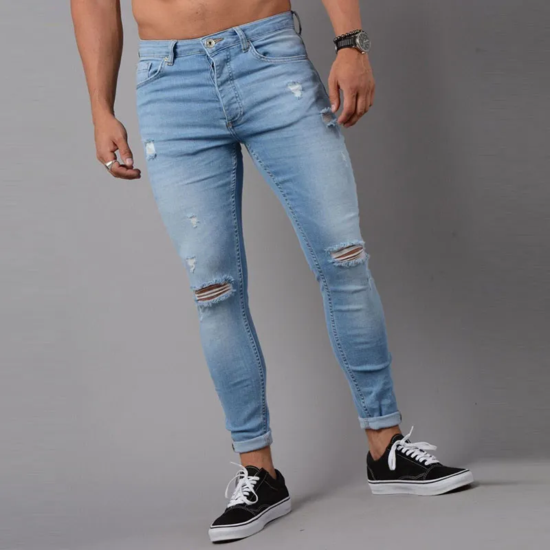 Pantaloni a matita da uomo Jeans strappati drappeggiati con fori il ginocchio Jeans lunghi skinny Jeans blu alla moda elastici neri