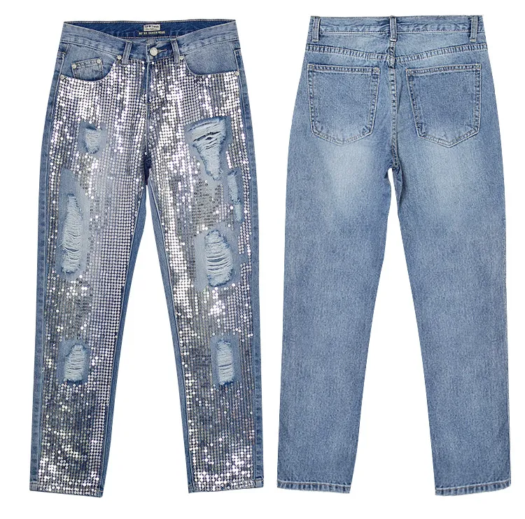 Girls Fashion Sequin RIP Jeans JEANSION DES FEMMES BLING BLING Ripped Ripped Jeans droit Mid Waist Light Blue Xs-2xl SZ