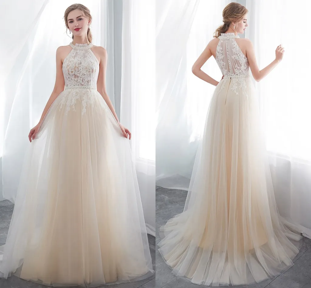 New Designer Champagne Halter Neck A Line Tulle Wedding Dresses Lace Appliqued Sleeveless Summer Beach Wedding Bridal Gowns CPS1011