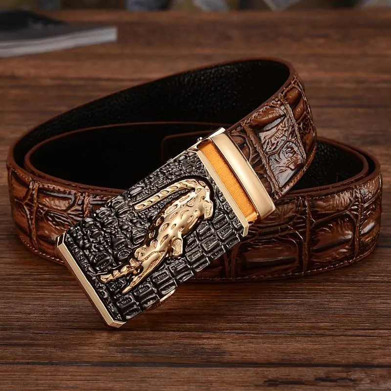 Mens Alligator Embossed Plaque Buckle Cowskin Genuine Leather Ratchet Belt 3D Crocodile Pattern Jeans Belts For Men 