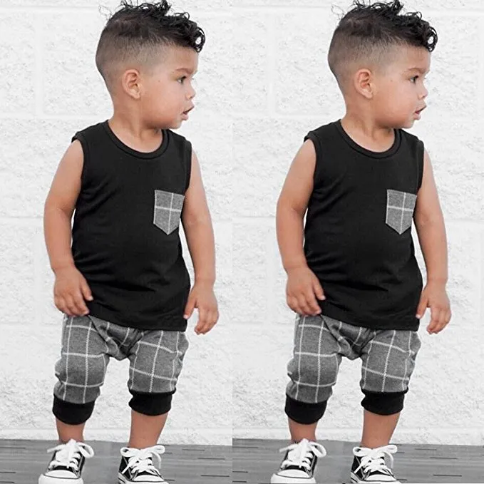 2018 neue Baby Jungen Sets Sommer INS Kinder Grau Gitter Baumwolle Ärmelloses T-shirt + Shorts 2 stücke Anzug Kinder mode Casual Kleidung Set 0-5T