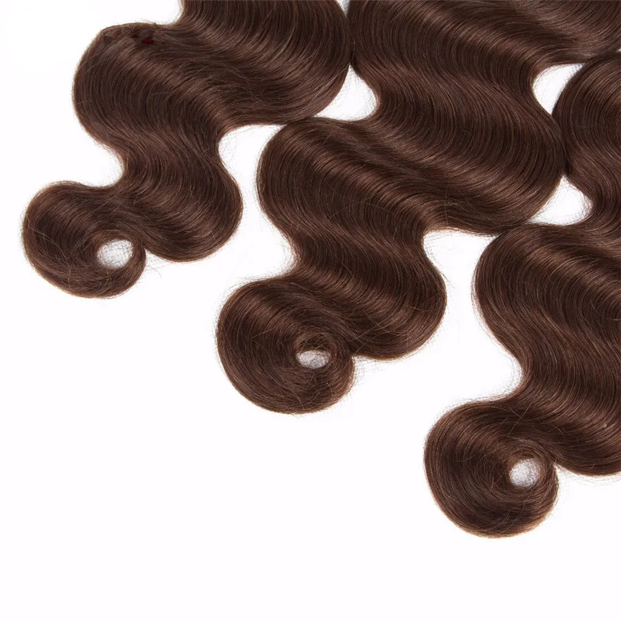 8A humain Bundles cheveux avec fermeture 3 pièces brésilienne vierge cheveux avec fermeture de vague de corps # 4 Brown Bundles cheveux avec Closures dentelle suisse