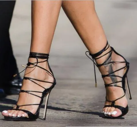 2018 kadın Lace Up Gladyatör Sandalet Kadın Platformları Yüksek Topuklu snakeskin baskı deri Patik ince topuk Kadın Pompaları