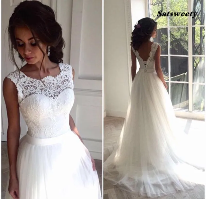 رداء de mariage نيو الدانتيل o-neck الدانتيل tulle boho الفرخ فساتين الزفاف الصيف شاطئ العفاف ثوب الزفاف البوهيمي