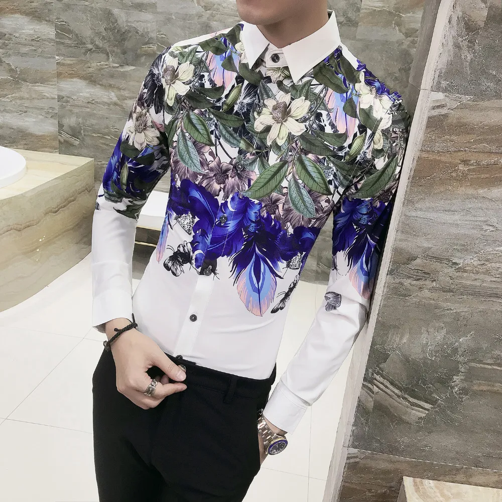 Luksusowy druk koszula Mężczyźni Brand New Korean Slim Fit Casual Męskie Koszulki Kwiatowe Koszule Z Długim Rękawem Night Club Party Dress Tuxedo Męska koszula