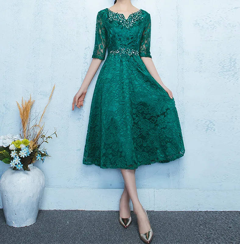 Dark Green Lace Mother Of The Bride Dresses Tea Length Lace Mother Of The Bride Gowns With