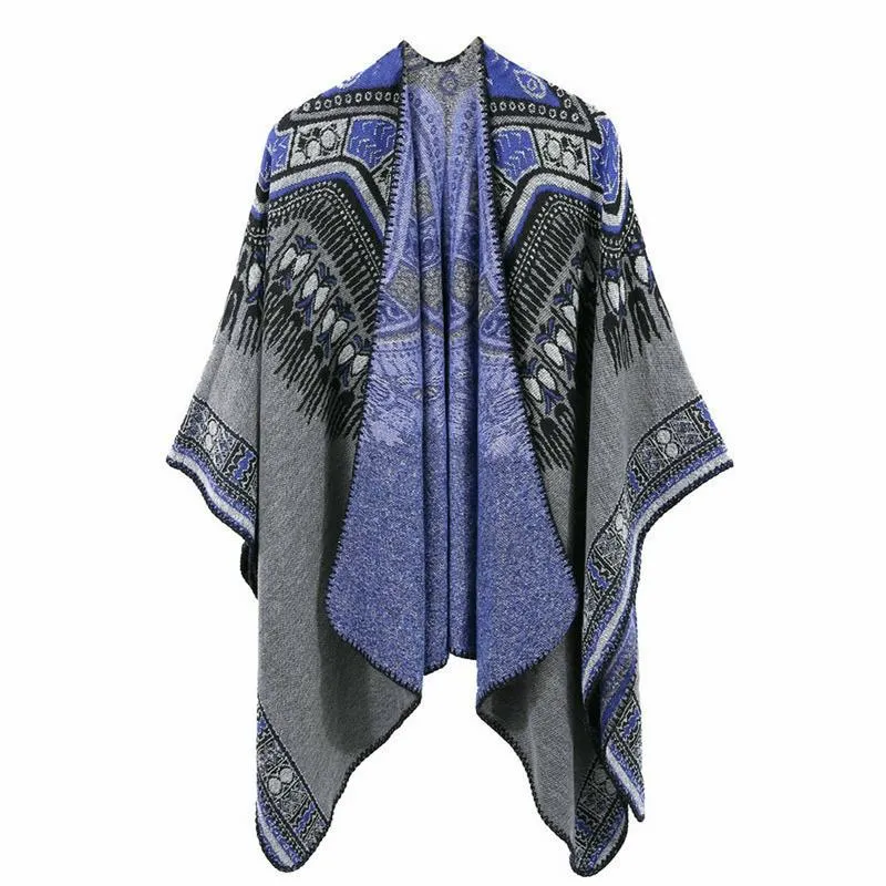 Nya Kvinnor Vinter Etnisk Abstrakt Mönster Tjockad Coat Cape Wrap Poncho Shawl Scarf Split Dual-Använd sjal dropshipping