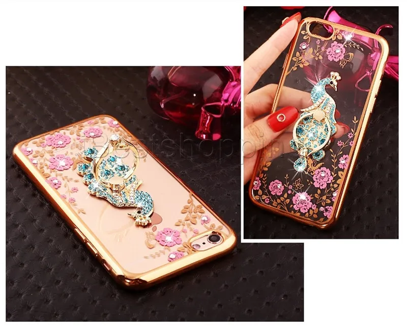 Bling Peacock Diamond Ring Holder Case Crystal Flexible TPU Cover With Kickstand For Samsung S4 S5 S6 edge Plus Note 3 4 5