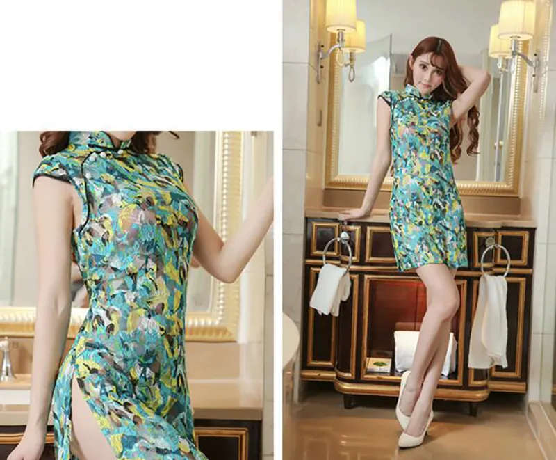 Sexy Transparent Cheongsam Lace Dress Alluring Noble Pure Temptation
