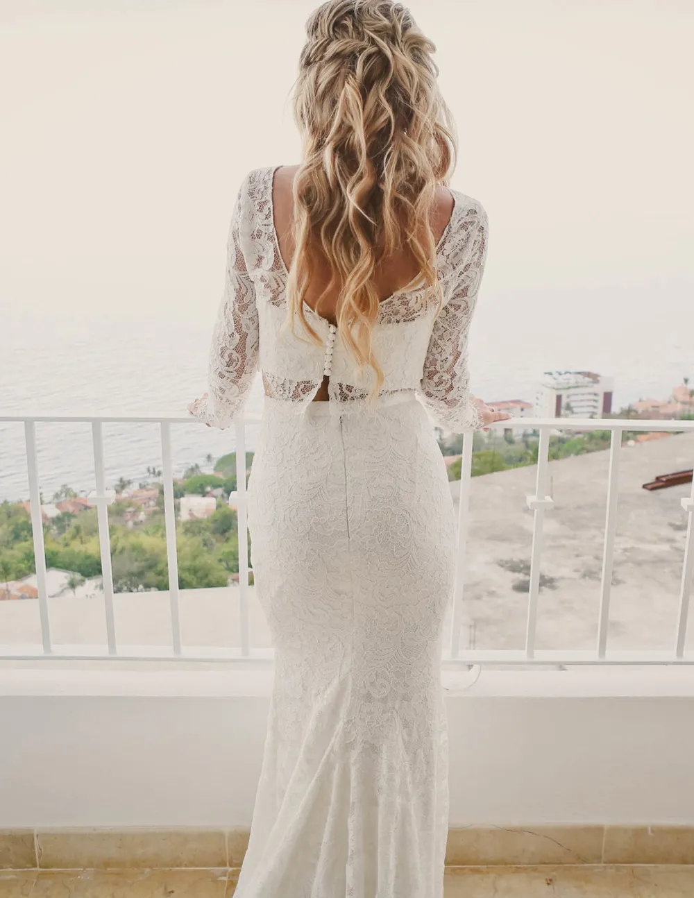 mermaid two piece wedding dress Off White Two Piece Lace Mermaid Boho Half Sleeve Wedding Dresses, AB1   AlineBridal