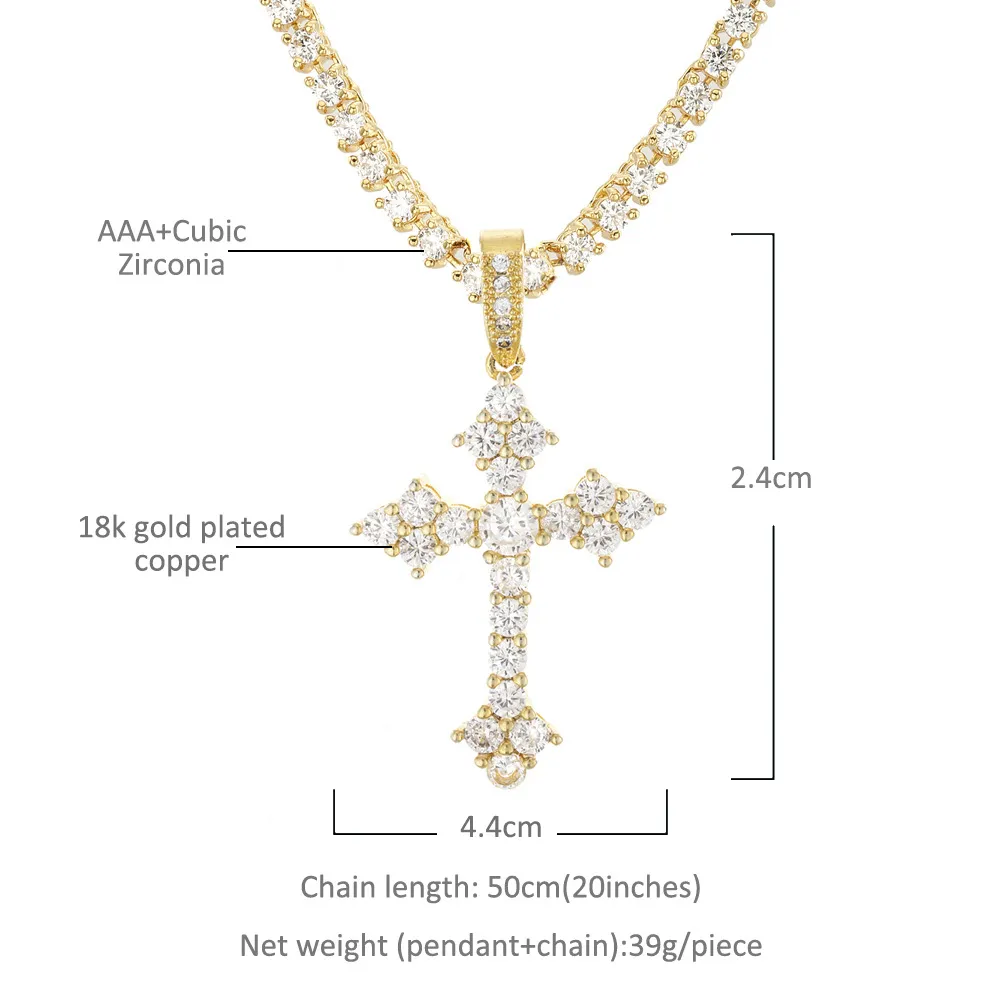 Hip Hop Iced Out Cross Pendant Necklace Gold Silver Color Plated Micro Paved Zircon Gold Chain for Women324K