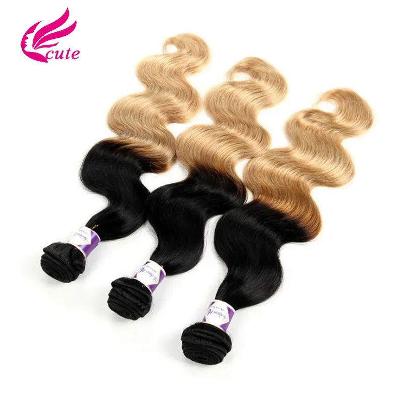 T 1B / 27 # 다크 루트 꿀 블론드 바디 웨이브 옹 브르 인간 모발 3 번들 100g / Pcs 브라질 버진 헤어 익스텐션 10-30 인치