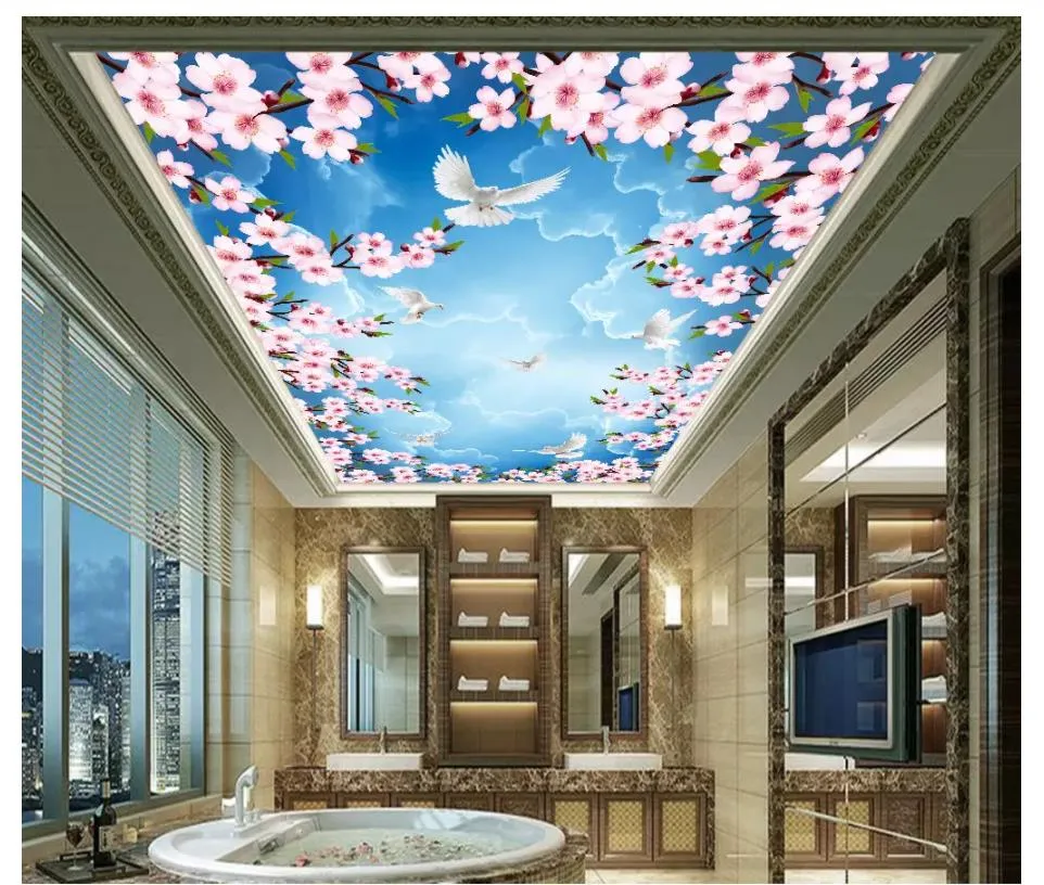 Papel de parede de seda personalizado papel de parede sonho céu nuvem flor de cerejeira pomba para sala de estar bedrom zenith teto mural fundo parede