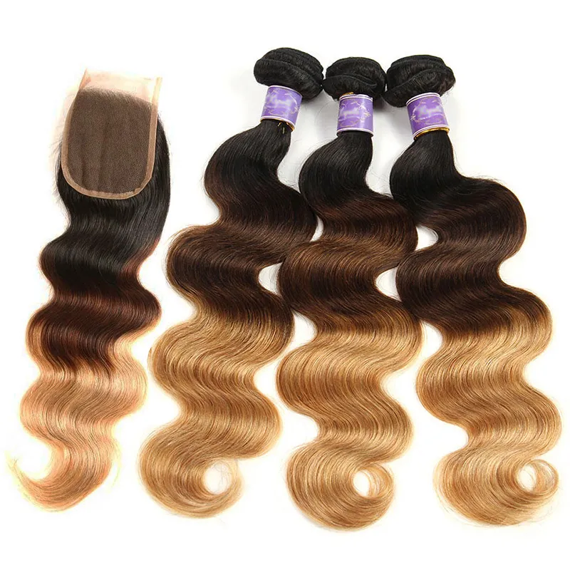 Body Wave Ombre vävbuntar med stängning 1b / 4/27 Ombre Honey Blonde färgat brasilianskt mänskligt hår 3 buntar med 4 * 4 spetsslutning