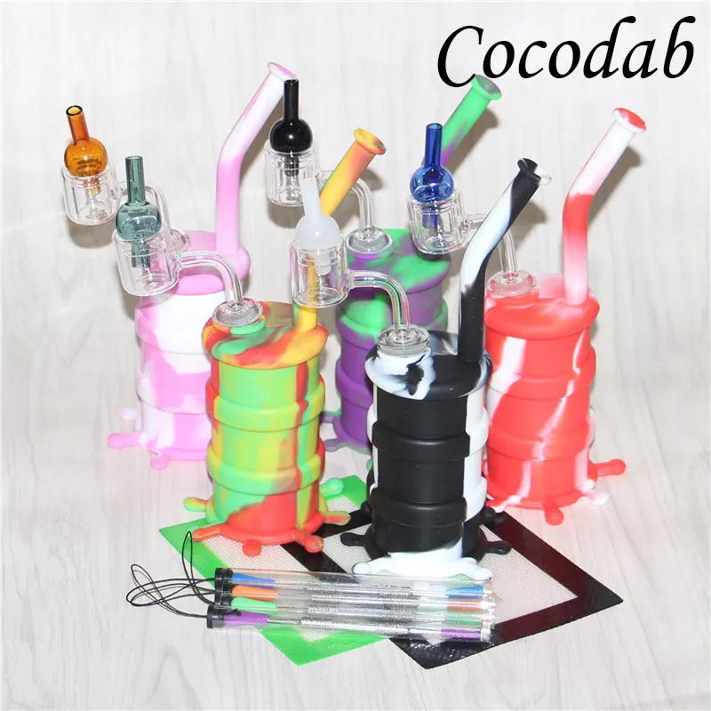 Cachimbas Mini Silicon Rig Dab Tubería de agua Oil Drum Rigs tuberías de agua de silicona burbujeador bong + esteras de silicona dabber herramienta térmica 4 mm cuarzo banger