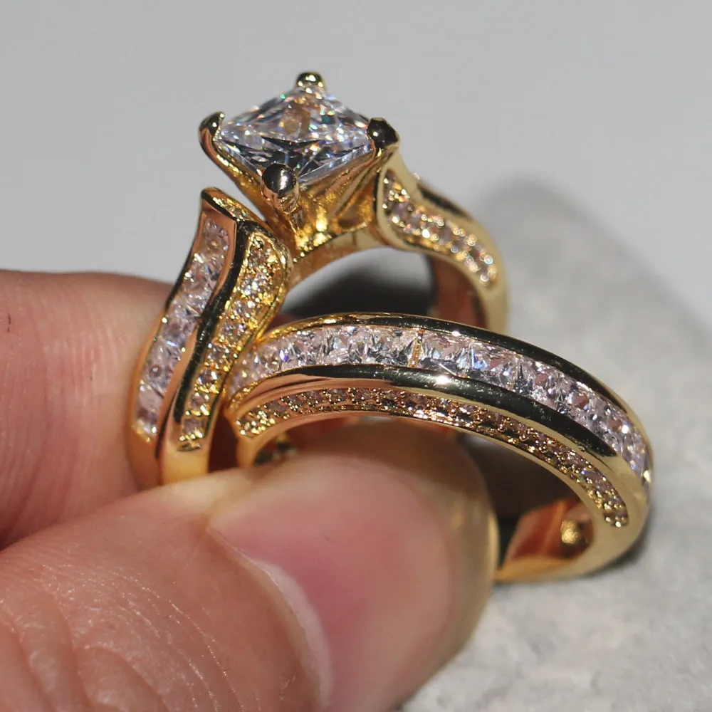 恋人リングプリンセスカット2ct 5aジルコンCZイエローゴールド925スターリングシルバーの婚約ウェディングバンドリングセット女性男性