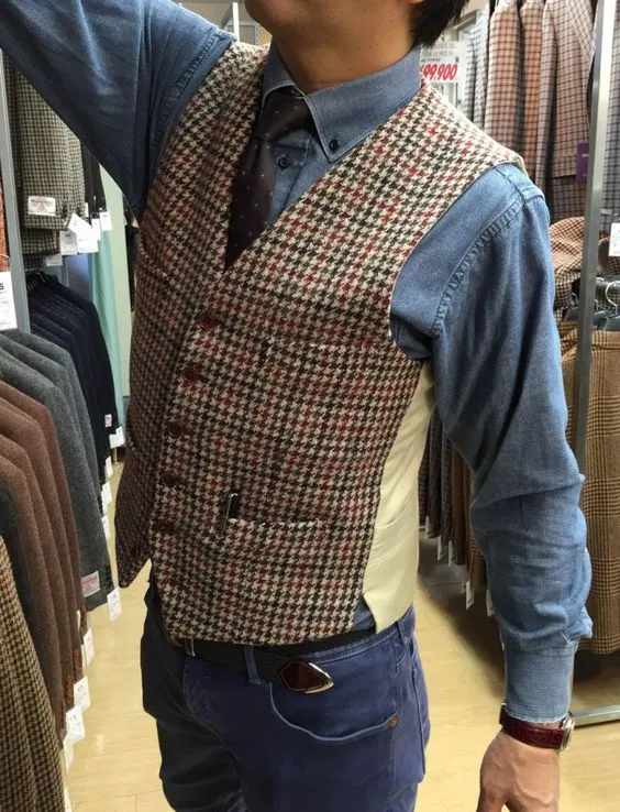 2019 Vintage Mens Houndstooth Vest Plaid Wool Tweed Vest Men For Rustic