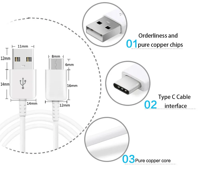 Cabos de telefone celular de carregamento de dados do OEM USB-C para Samsung Galaxy S10 S9 / S10 Plus / S8 / S8 + / Note8