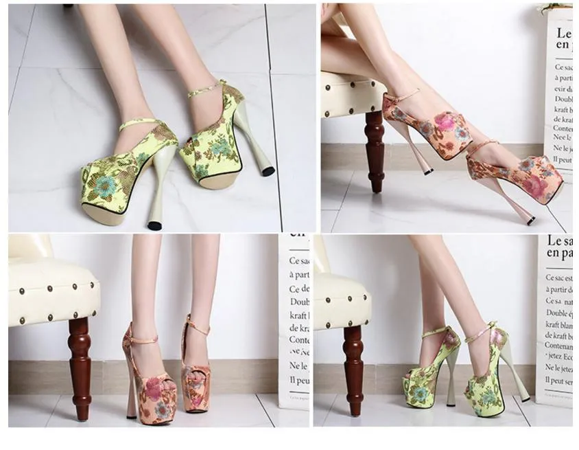 Vert Floral imprimé bride à la cheville talons hauts pompes 19cm Sexy dame fête chaussures de mariage grande taille 34 à 40 41 42 43