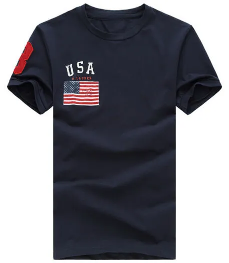 Sommer Herren T-Shirts USA Flagge mit Big Pony Baumwolle T-Shirt O-Ausschnitt Sport T-Shirts Top Marineblau Weiß Rot S-XXL228u