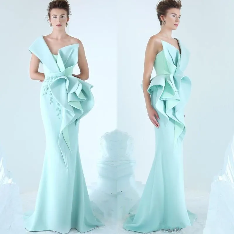 2019 Mint grün Meerjungfrau Abendkleider Eine Schulter Rüschen Rube Prom Kleider Glamouröse Dubai Mode Satin Bodenlänge Party Kleid