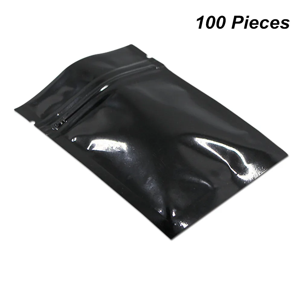 100pcs / Lot Noir multi-tailles Mylar Fermeture à glissière de verrouillage de stockage des aliments Emballage Pochette refermable feuille d'aluminium thermoscellage Packets échantillon Sacs
