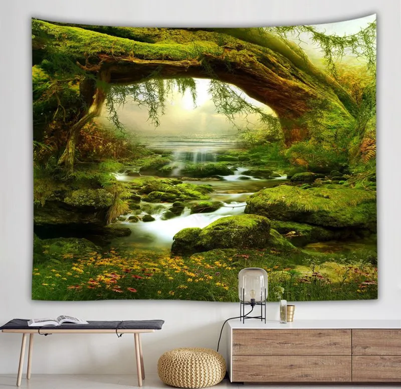 الغابات الخضراء الجدار شنقا الفن الطبيعة غابة نهر نسيج الأشجار غابة tenture جدارية tapiz البوليستر السجاد