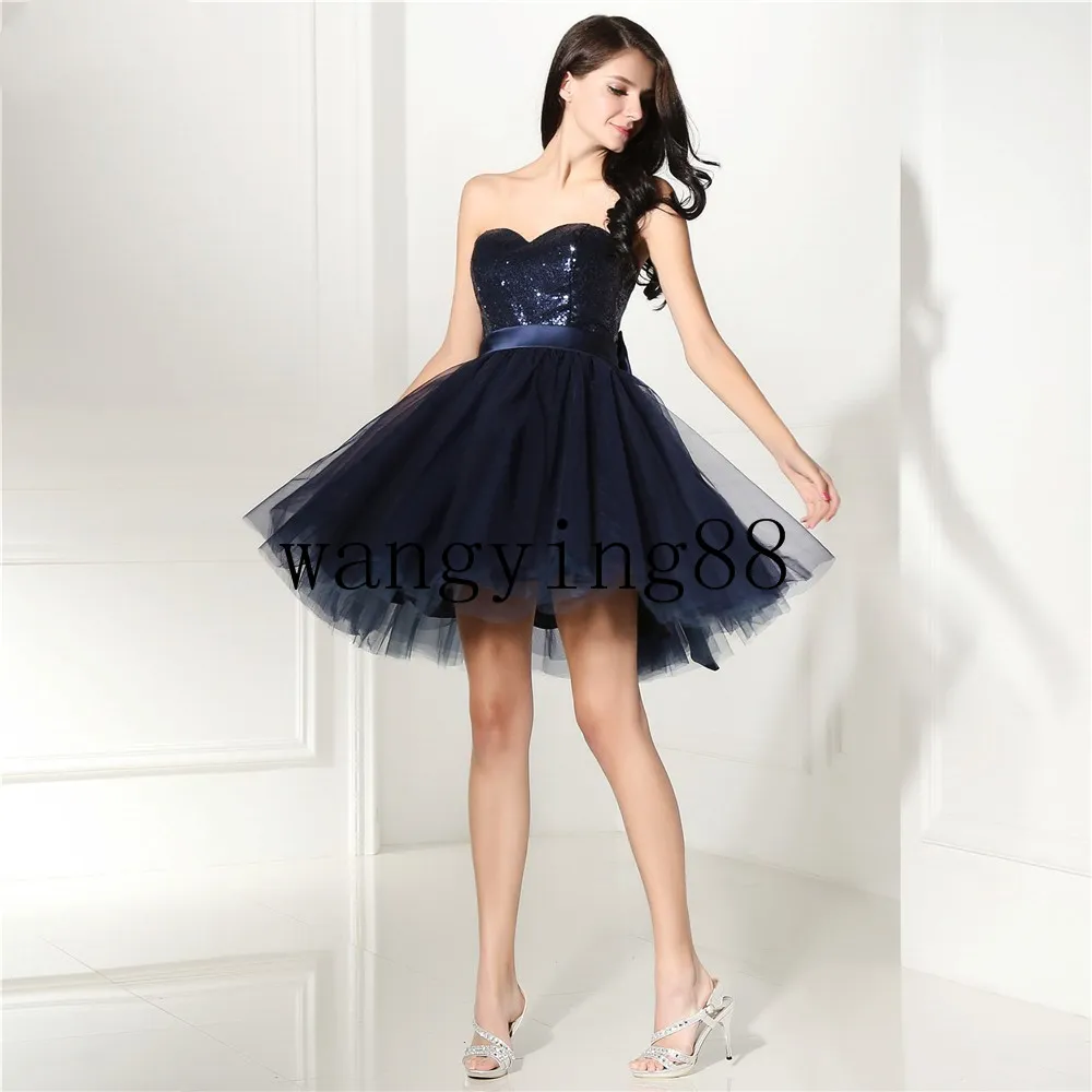 FavorDear 2018 Nya Söta Mini Party Gowns Sweetheart Sequins Tulle Homecoming Dresses Pink Light Blye Lila Navy