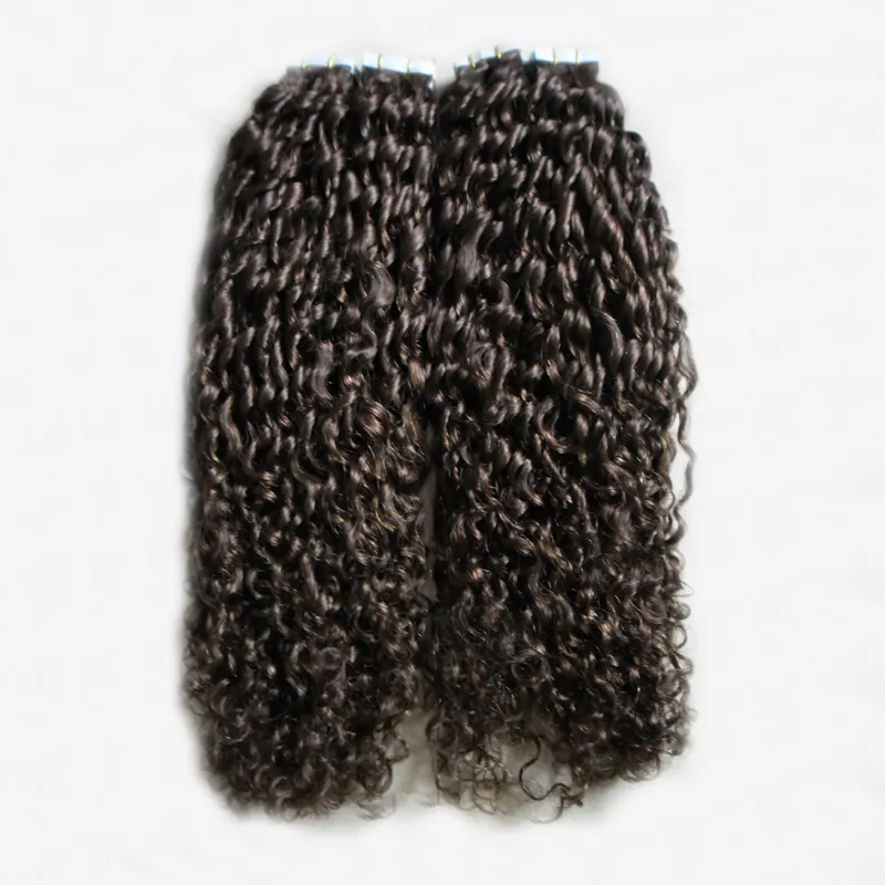 # 2 Koyu Kahverengi Moğol Kinky Kıvırcık Saç 200g Kıvırcık Bant Saç Uzantıları 80 adet Kıvırcık Uzatma Saçında Bant