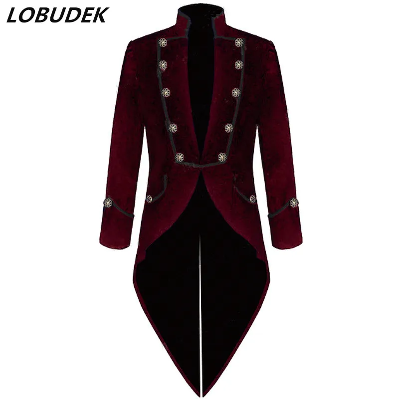 Male Magician Swallowtail Velvet Slim Long Coat Stage Performance Costume Wedding Clothing Wine Green Blue Tailcoat Prom Host Singer Teams Show Chorus Blazer