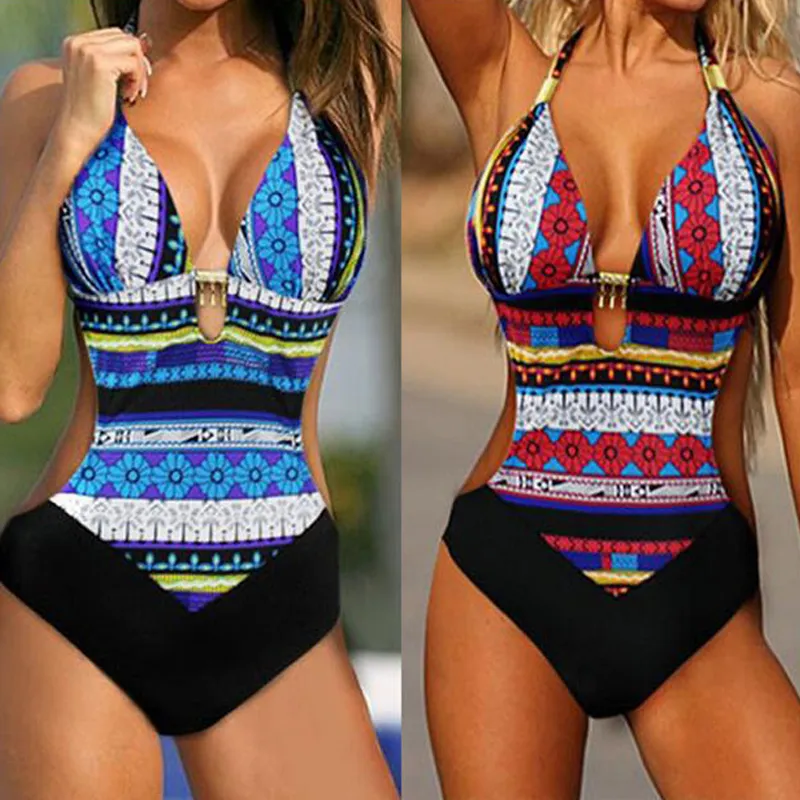 مثير طباعة Trikini ملابس السباحة نساء قطعة واحدة من ملابس السباحة Monokini Bandeau عالي الظهر البرازيلي XXL بالإضافة إلى الحجم بدلة السباحة