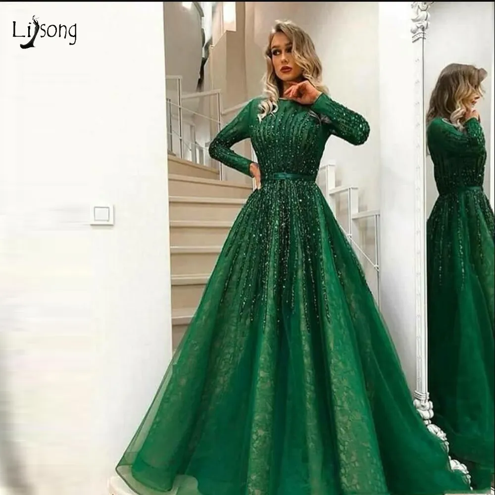 Green Beaded Evening A-line Dress Long Sleeves Winter Prom Party Wear Lace Maxi Gowns Vestido de Festa High Quality Muslim Formal Dresses