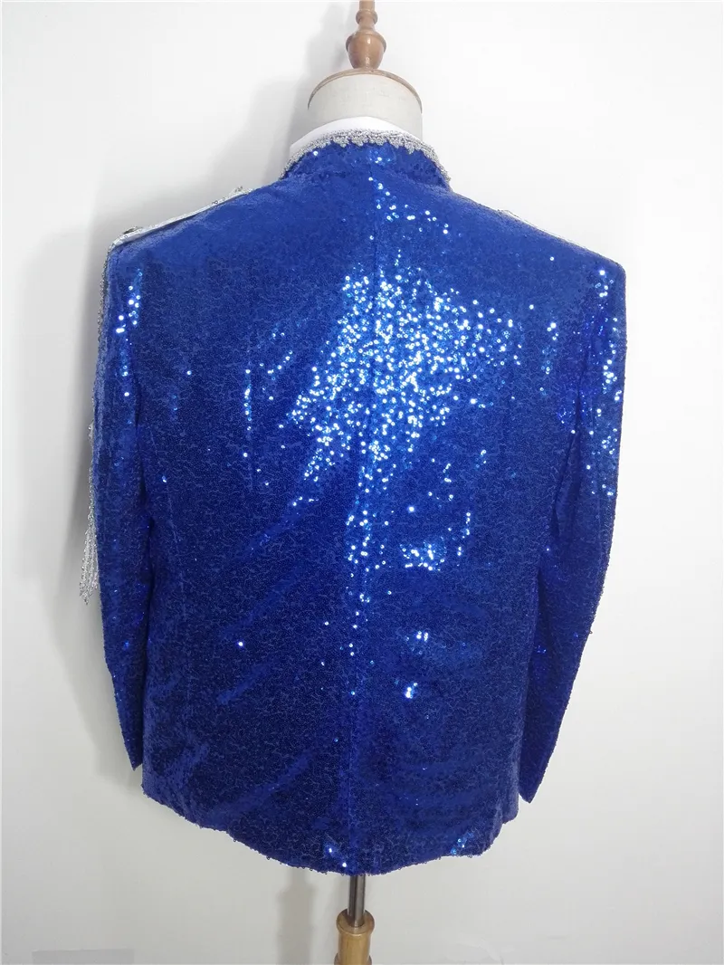 Paillettes bleues pour hommes Vestes Cristaux Glands Slim Manteaux Bar Prom Chanteur Danseur Costumes Scène de fête Performance Vêtements Spectacle de jazz Vêtements d'extérieur