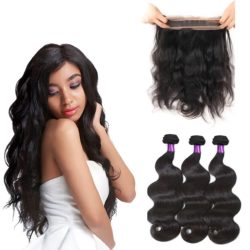 Brasileiro Pré Arrancado 360 Lace Frontal com Bundle Atacado Onda Do Corpo Extensões de Cabelo Humano Weave Brasileiro com Fechamento Frontal