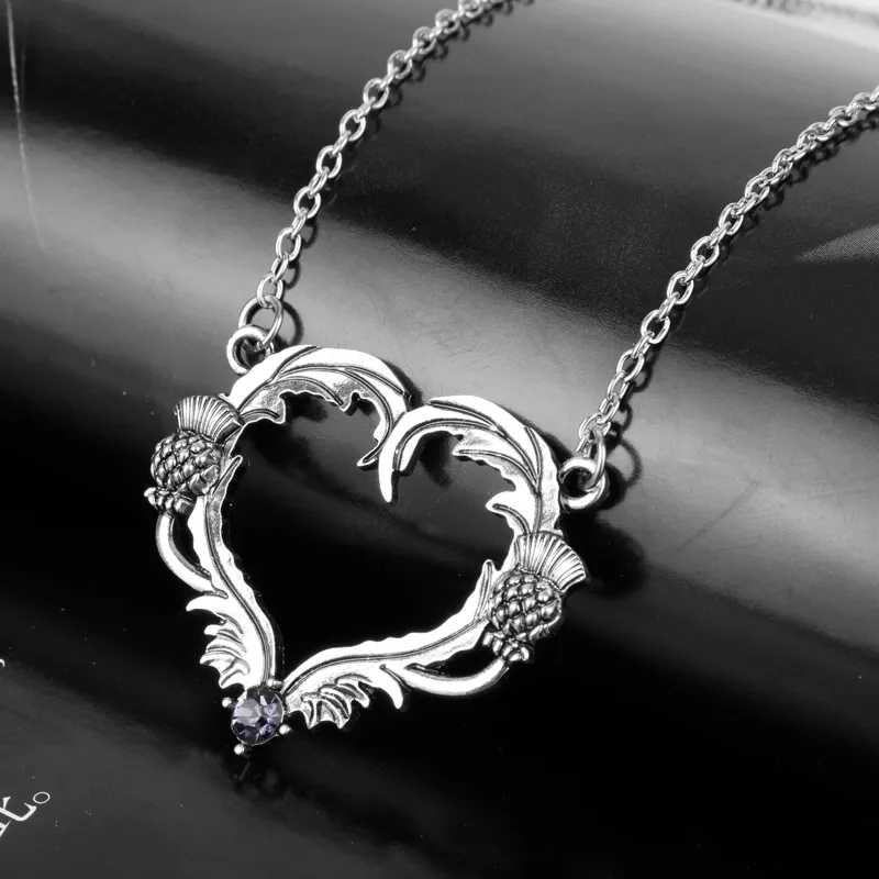 Dongsheng Women Girl Jewelry Outlander National Flower Scottish Thistle Heart Sassenach Pendant Necklace-30264B