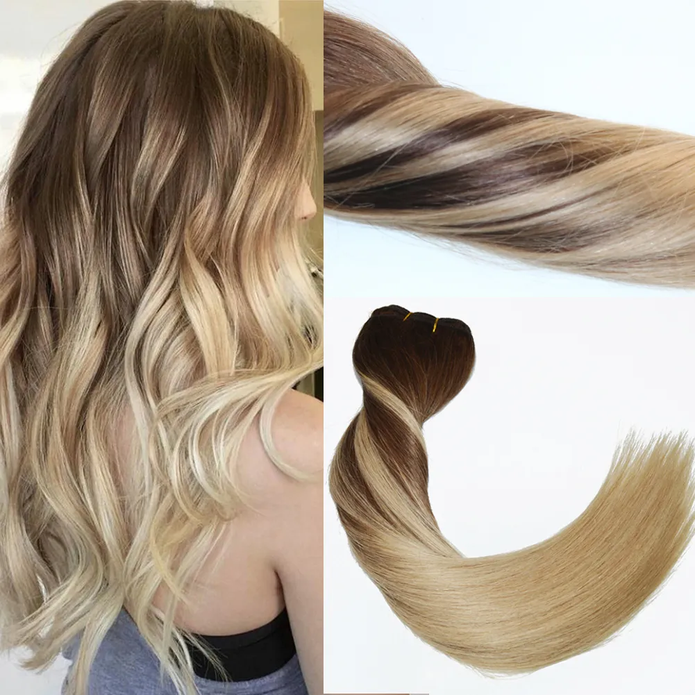 120Gram Virgin Remy Balayage Hair Clip in Extensions Ombre Medium Brown to Ash Blonde Highlights Real Human Hair Extensions