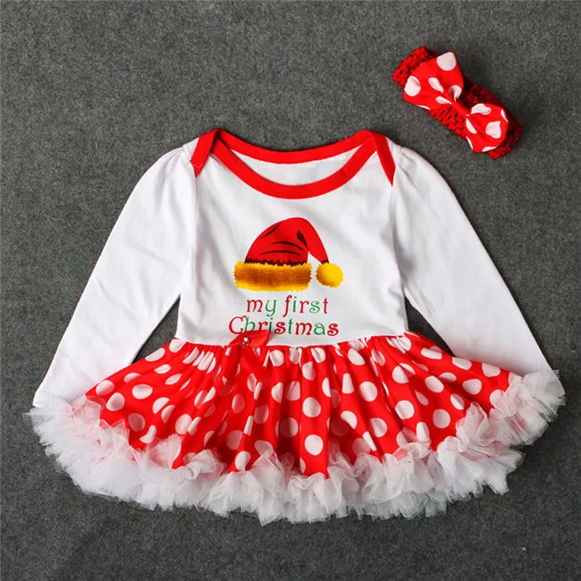 Baby Girls Świąteczne druk czerwony sukienki 2ps Zestawy szydełkowane łuk opaska na wzór romper niemowlęta pierwsze świąteczne prezenty urocze out8780077