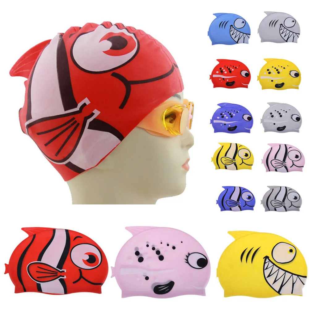 2018 New Children's Swimming Cap Cartoon Fish Silicon Waterproof Protect Ear Shark Shape Swim Pool Hat Children Caps